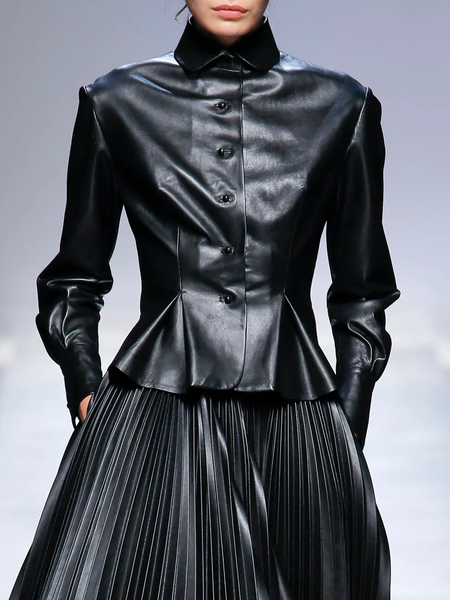 Regular Fit Shirt Collar Long sleeve Plain Jacket, Black, Jackets