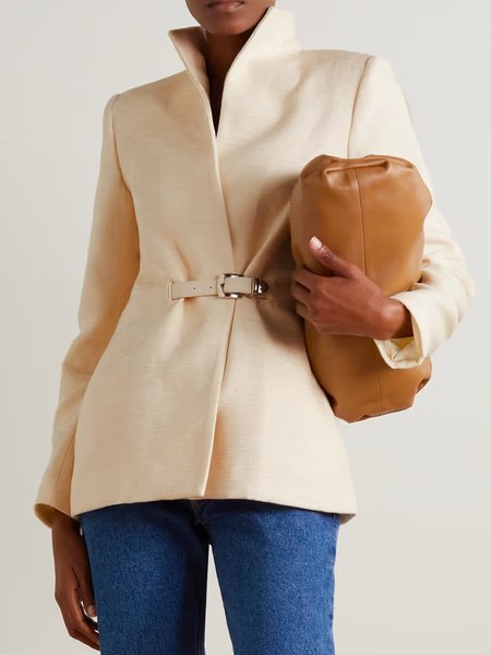 Stand Collar Plain Regular Fit Belt Long sleeve Jacket, Off white, Jackets