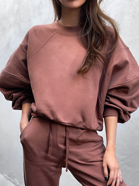Loose Crew Neck Long sleeve Sweatshirt, Brick red, Hoodies and Sweatshirts