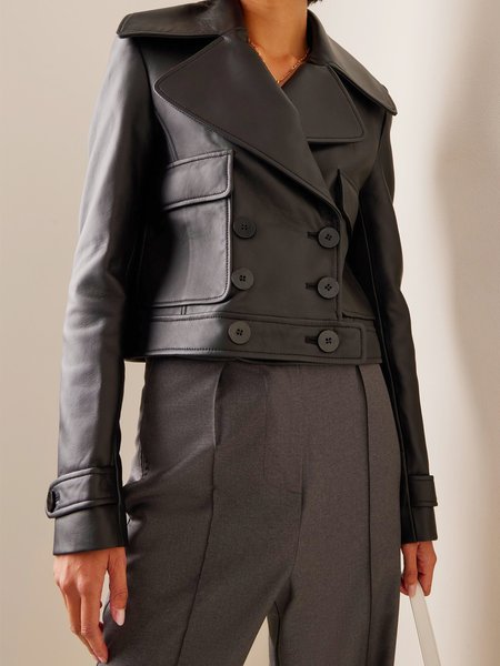 Urban Plain Lapel Collar Double Breasted Jacket, Black, Jackets