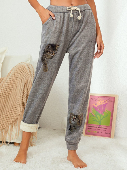 Casual Loose Cat Casual Pants, Gray, Pants