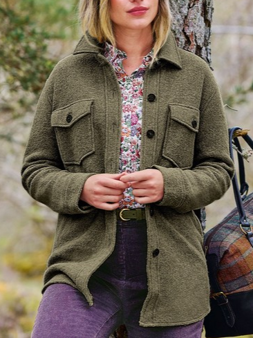 Shawl Collar Casual Plain Woolen Jacket, Army green, Outerwear