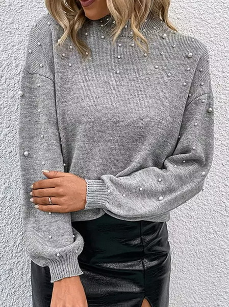 Crew Neck Yarn/Wool Yarn Plain Sweater, Gray, Sweaters