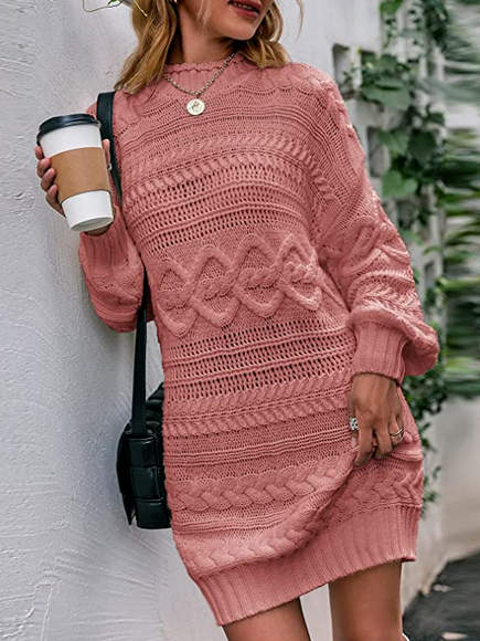 Knitted Crew Neck Casual Dress, Nudepink, Dresses