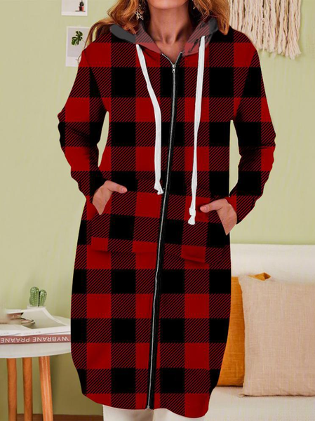 Hoodie Plaid Other Coat, Red, Coats