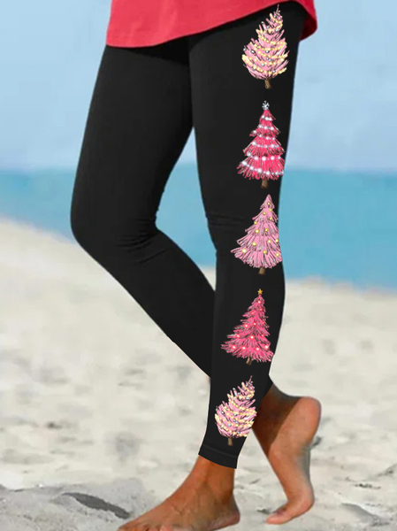 Women Funny Christmas Tree Regular Fit Leggings, Black, Leggings