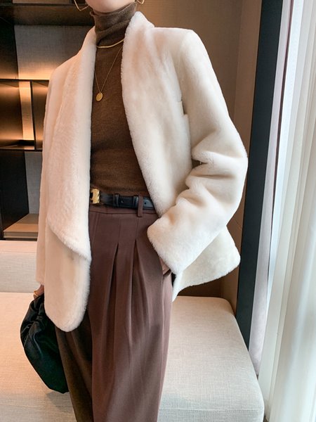 Long sleeve Plain Elegant Loose Teddy Jacket, White, Others