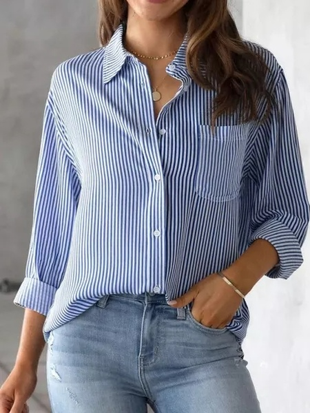Loose Striped Shirt Collar Blouse, Blue, Shirts & Blouses