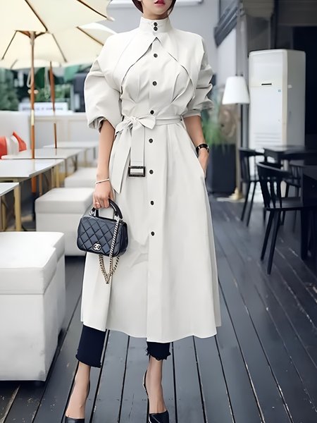 Long sleeve Regular Size Casual Dress, White, Midi Dresses
