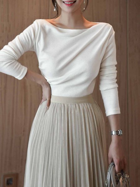Long sleeve Regular Fit Elegant Cotton-Blend T-Shirt, White, Tees