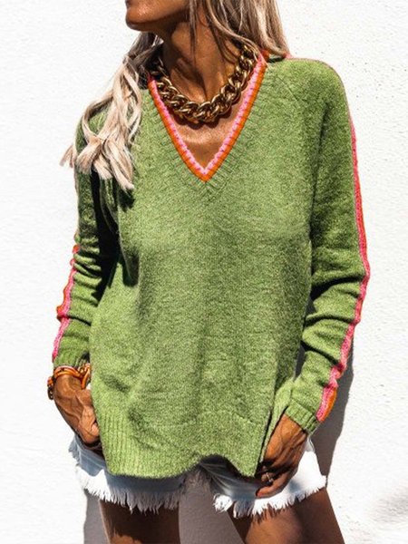 Casual Acrylic V Neck Color Block Sweater, Green, Sweaters & Cardigans