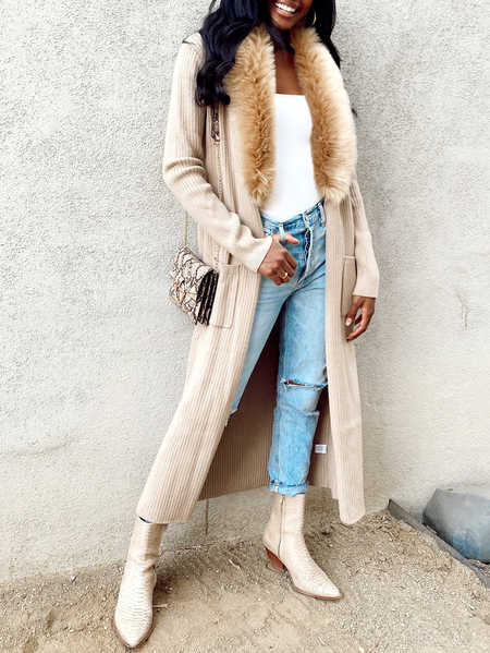 Boho Regular Fit Sweater Coat, Beige, Outerwear