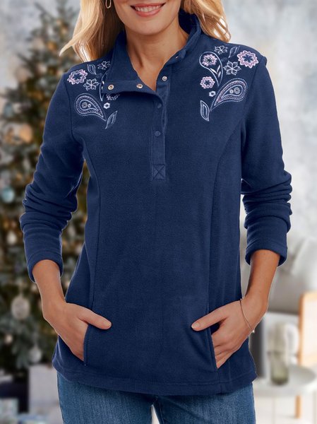 Ethnic Loose Polar Fleece Sweatshirt, Blue, Hoodies & Sweatshirts