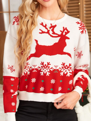 Christmas Snowflake Casual Knit Sweater, White-red, Sweaters