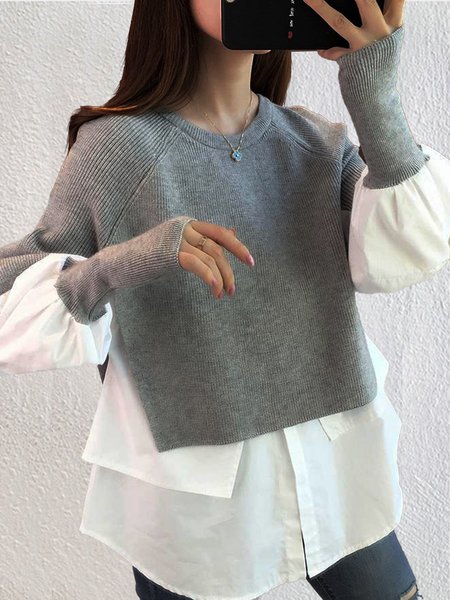 Crew Neck Wool/Knitting Sweater, Gray, Tops