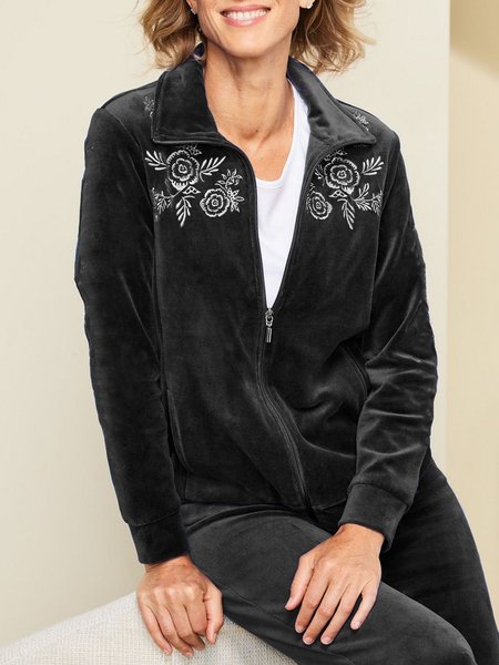 Embroidery Velvet Loose Casual Shawl Collar Jacket, Black, Jackets