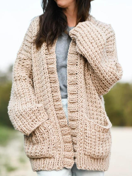 Plain Casual Wool/Knitting Sweater Coat, Apricot, Outerwear