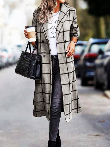 Geometric Casual Shawl Collar Overcoat, Gray, Outerwear