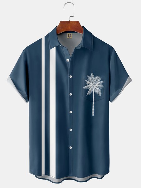 Coconut Tree Chest Pocket Short Sleeve Hawaiian Shirt, Blue, Men Shirts