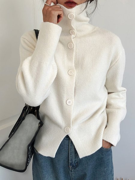 Plain Loose Urban Buttoned Sweater Coat, White, Cardigans