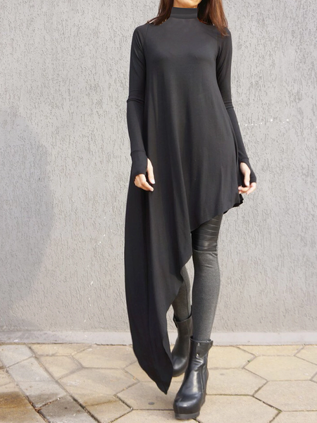 High Elasticity Loose Urban Turtleneck Long sleeve Long Top, Black, Tops