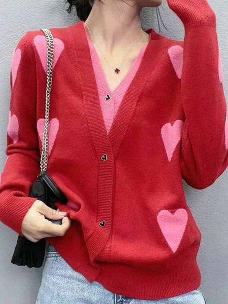 Long sleeve V Neck Regular Fit Simple Sweater, Red, Pullovers