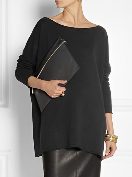 Loose Plain Crew Neck Simple Long Sleeve Top, Black, Tops
Loose Plain Crew Neck Simple Long Sleeve Top, Black, Tops