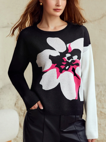 Large Floral Crew Neck Sweater, Multicolor, Sweaters 
Large Floral Crew Neck Sweater, Multicolor, Sweaters