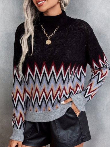 Chevron Pattern Turtleneck Sweater, Multicolor, Sweaters