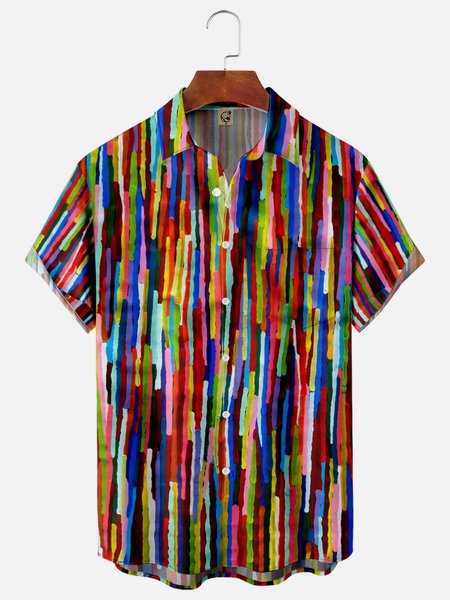 Abstract Stripes Chest Pocket Short Sleeve Casual Shirt, Red, Men Shirts
