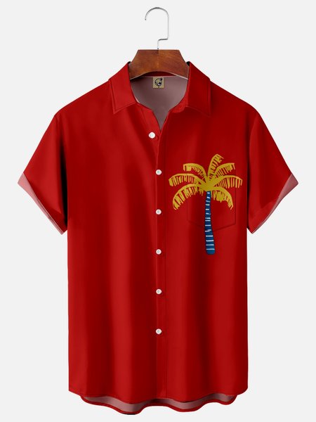 Coconut Tree Chest Pocket Short Sleeve Hawaiian Shirt, Red, Men Shirts