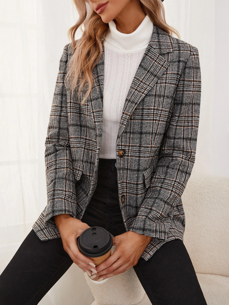Lapel Collar Loose Plaid Urban Blazer, Multicolor, Outerwear