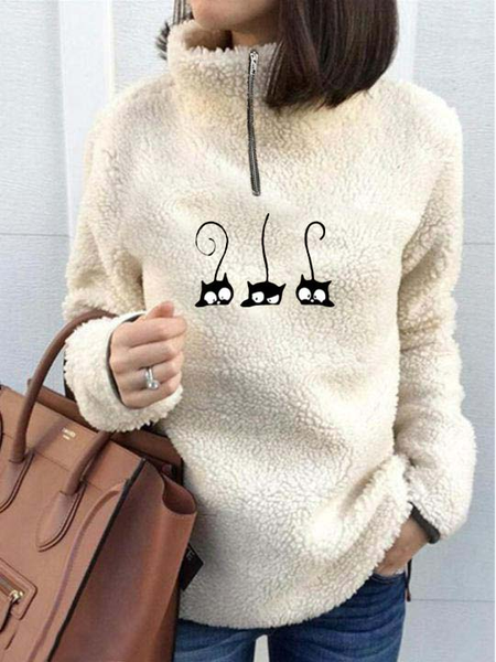 Zipper Cat Casual Turtleneck Sweatshirt, Apricot, Hoodies & Sweatshirts