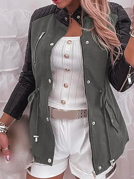 Casual Cross Neck Loose Color Block Jacket, Army green, Jackets