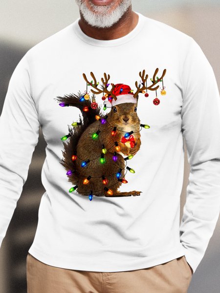 Men's Squirrel Christmas Lights Funny Graphics Print Cotton Loose Casual Top, White, Long Sleeves