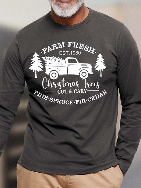 Men’s Farm Fresh Christmas Trees Cut And Cary Casual Cotton Top, Deep gray, Long Sleeves