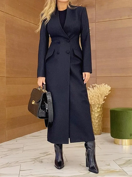 Regular Fit V Neck Long sleeve Plain Urban Mid-long Overcoat, Black, Coats