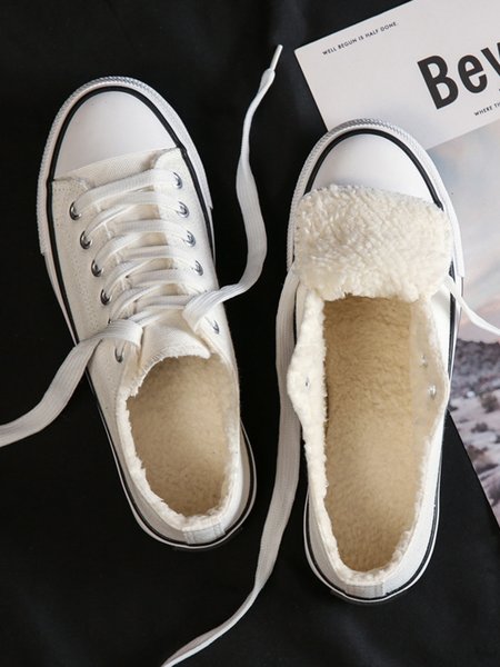 Warm Plush Casual Canvas Shoes, Beige, Women Shoes