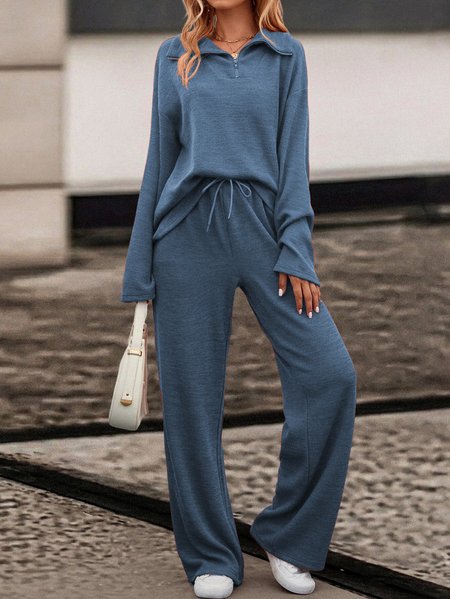 V Neck Cotton-Blend Casual Two-Piece Set, Blue, Suit Set