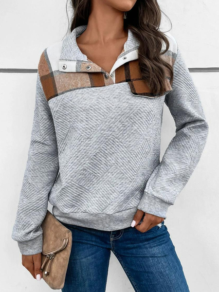 Casual Contrast Plaid Quarter Button Sweatshirt, Gray, Hoodies & Sweatshirts