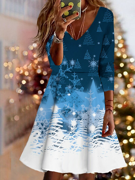 V Neck Loose Gradient Pattern Casual Dress, Blue, Dresses