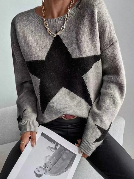 Casual Wool/Knitting Loose Geometric Sweater, Gray, Sweaters