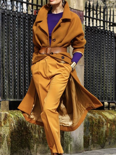 Loose Lapel Collar Urban Plain Long Sleeve Overcoat, Mustard, Coats