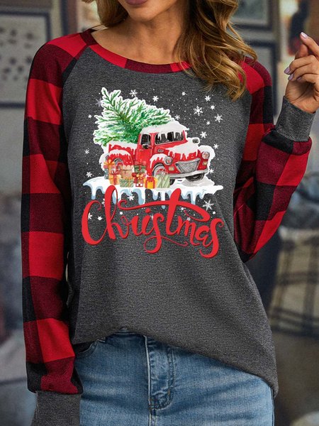 Women’s Merry Christmas Tree Truck Casual Christmas Top, Gray, Long sleeves