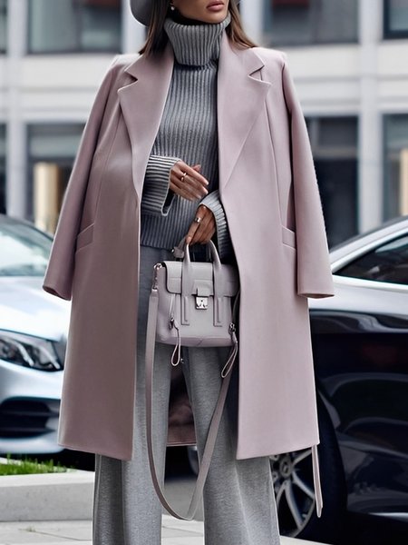 Elegant Simple Plain Lapel Collar Overcoat, Dusty pink, Coats