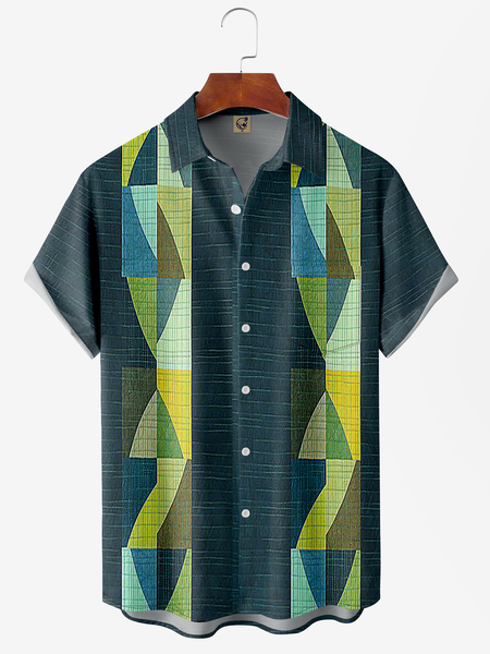 Colorful Geometric Chest Pocket Short Sleeve Bowling Shirt, Blue, Men Shirts