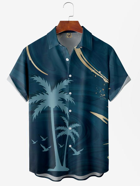 Coconut Tree Chest Pocket Short Sleeve Hawaiian Shirt, Blue, Men Shirts