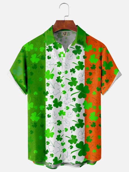 Shamrock Contrast Chest Pocket Short Sleeve Shirt, Green, Men Shirts