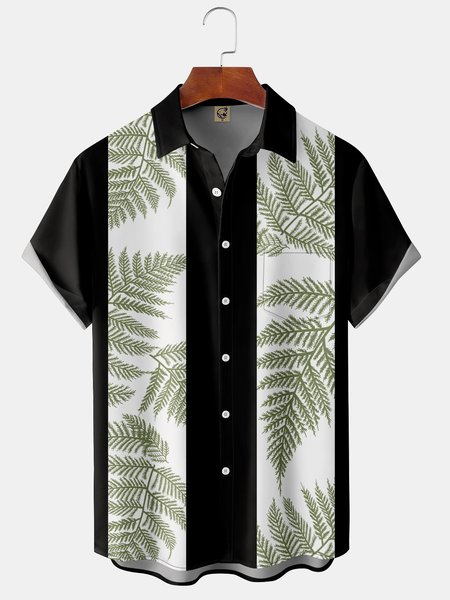 Leaf Breast Pocket Short Sleeve Hawaiian Shirt, Black, Men Shirts