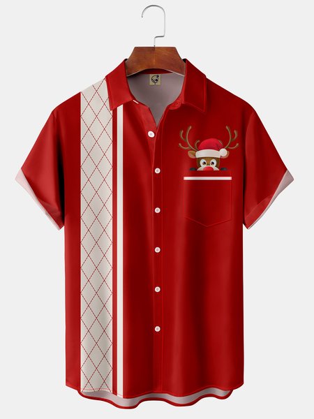 Christmas Reindeer Chest Pocket Short Sleeve Bowling Shirt, Red, Men Shirts